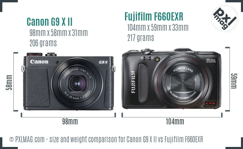 Canon G9 X II vs Fujifilm F660EXR size comparison