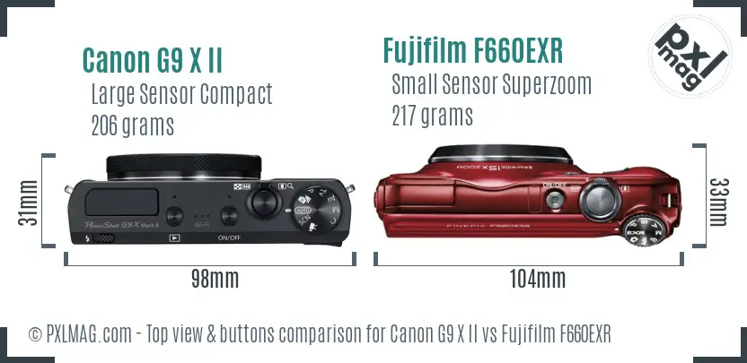 Canon G9 X II vs Fujifilm F660EXR top view buttons comparison