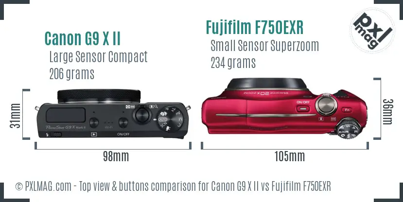 Canon G9 X II vs Fujifilm F750EXR top view buttons comparison