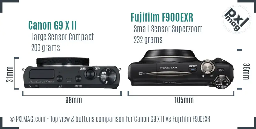 Canon G9 X II vs Fujifilm F900EXR top view buttons comparison