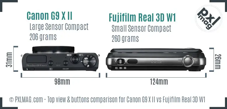 Canon G9 X II vs Fujifilm Real 3D W1 top view buttons comparison Canon G9 X II vs Fujifilm Real 3D W1 top view buttons comparison
