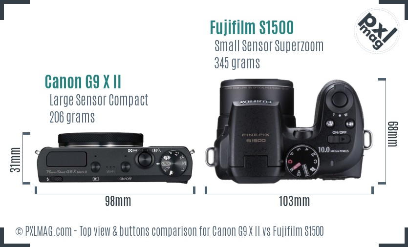 Canon G9 X II vs Fujifilm S1500 top view buttons comparison
