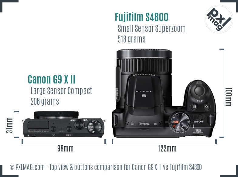 Canon G9 X II vs Fujifilm S4800 top view buttons comparison