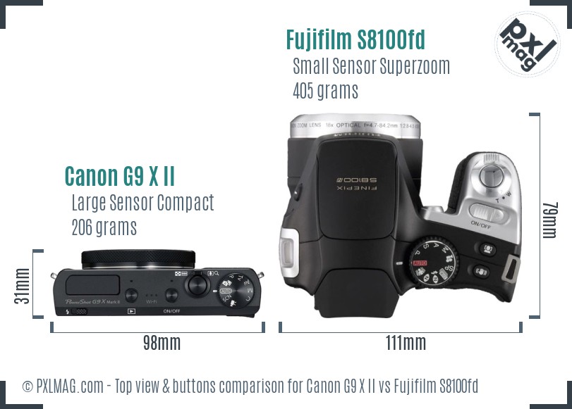 Canon G9 X II vs Fujifilm S8100fd top view buttons comparison