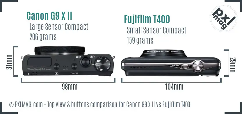Canon G9 X II vs Fujifilm T400 top view buttons comparison Canon G9 X II vs Fujifilm T400 top view buttons comparison