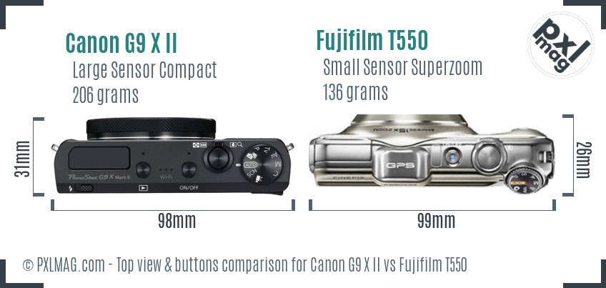 Canon G9 X II vs Fujifilm T550 top view buttons comparison