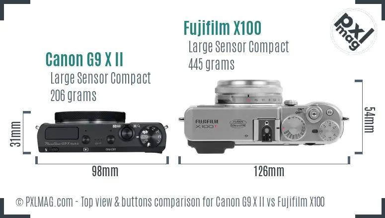 Canon G9 X II vs Fujifilm X100 top view buttons comparison