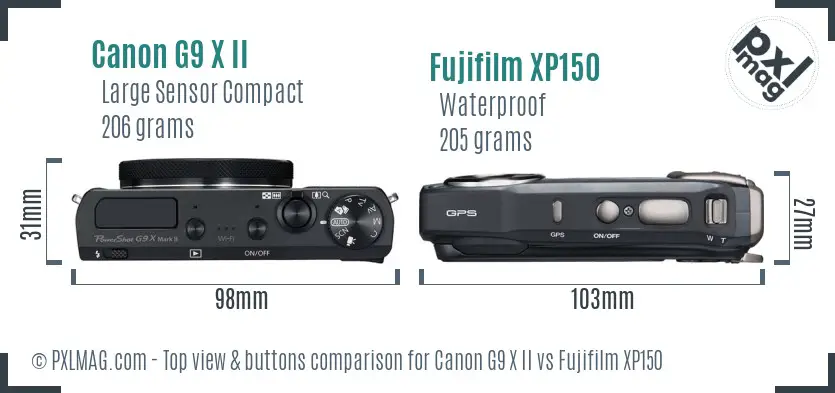 Canon G9 X II vs Fujifilm XP150 top view buttons comparison Canon G9 X II vs Fujifilm XP150 top view buttons comparison