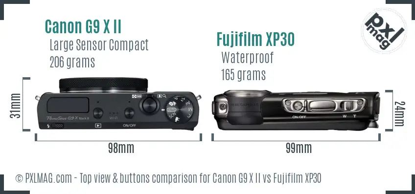 Canon G9 X II vs Fujifilm XP30 top view buttons comparison