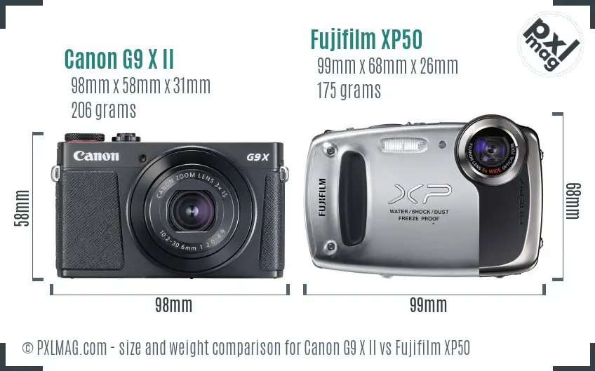 Canon G9 X II vs Fujifilm XP50 size comparison