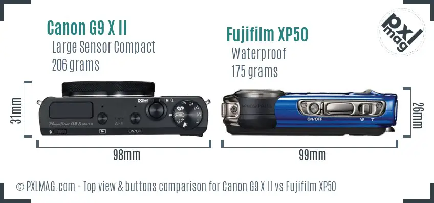 Canon G9 X II vs Fujifilm XP50 top view buttons comparison