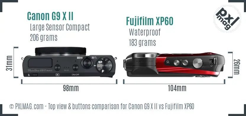 Canon G9 X II vs Fujifilm XP60 top view buttons comparison Canon G9 X II vs Fujifilm XP60 top view buttons comparison