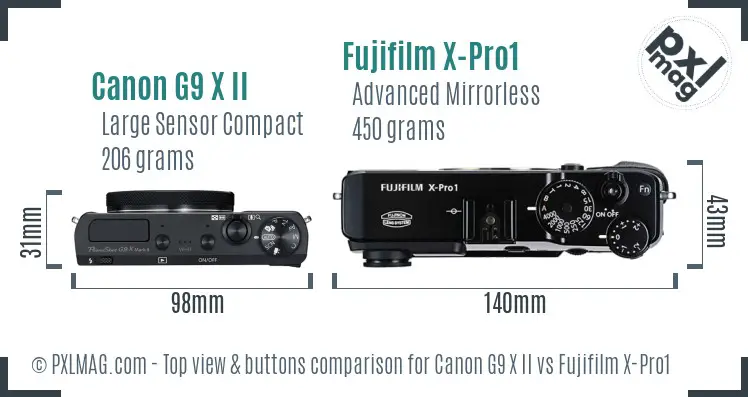 Canon G9 X II vs Fujifilm X-Pro1 top view buttons comparison