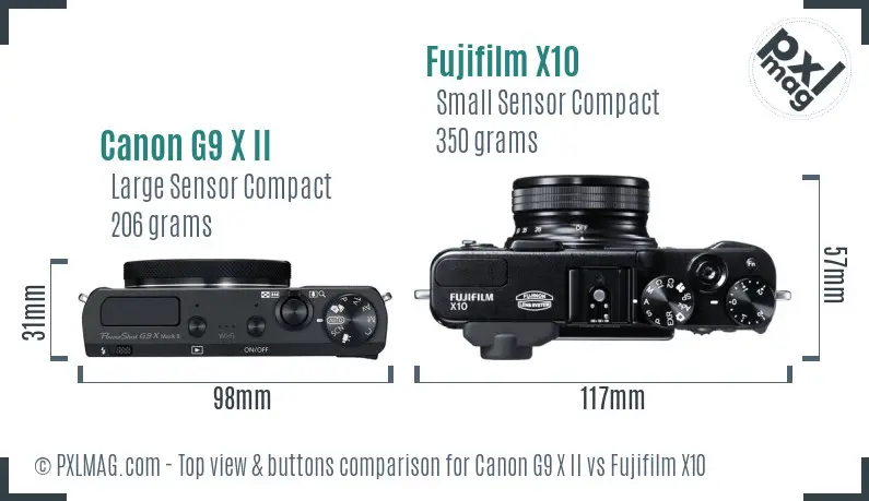 Canon G9 X II vs Fujifilm X10 top view buttons comparison