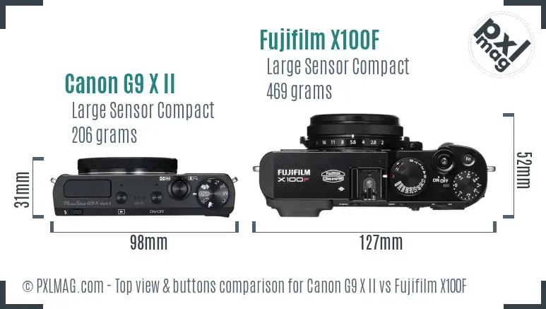 Canon G9 X II vs Fujifilm X100F top view buttons comparison