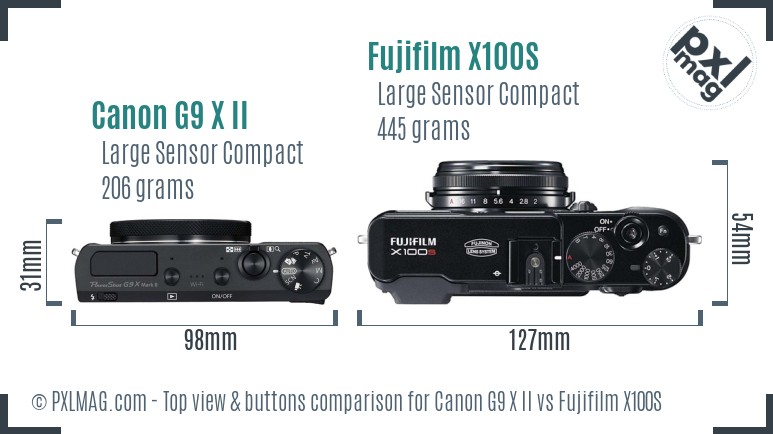 Canon G9 X II vs Fujifilm X100S top view buttons comparison