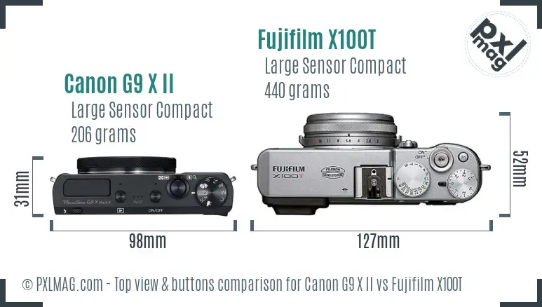 Canon G9 X II vs Fujifilm X100T top view buttons comparison