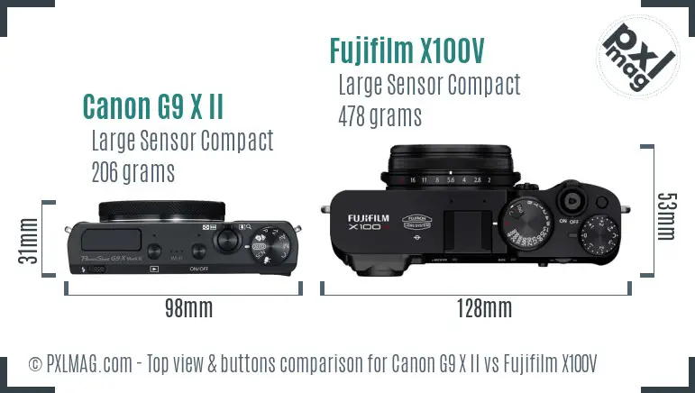 Canon G9 X II vs Fujifilm X100V top view buttons comparison