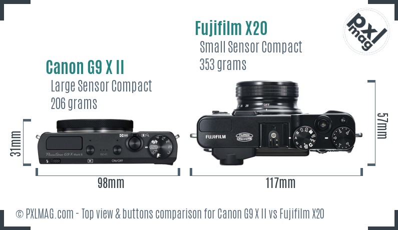 Canon G9 X II vs Fujifilm X20 top view buttons comparison