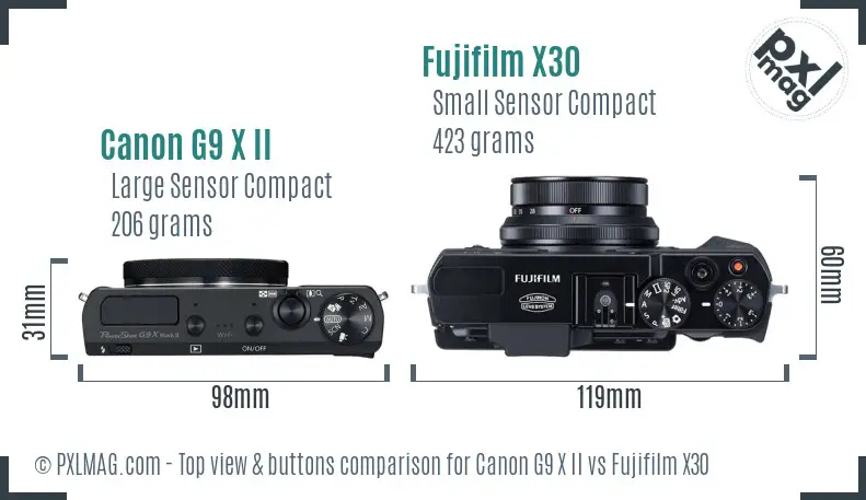 Canon G9 X II vs Fujifilm X30 top view buttons comparison