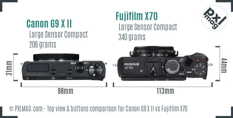 Canon G9 X II vs Fujifilm X70 top view buttons comparison