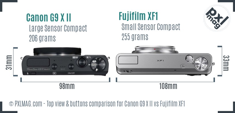 Canon G9 X II vs Fujifilm XF1 top view buttons comparison