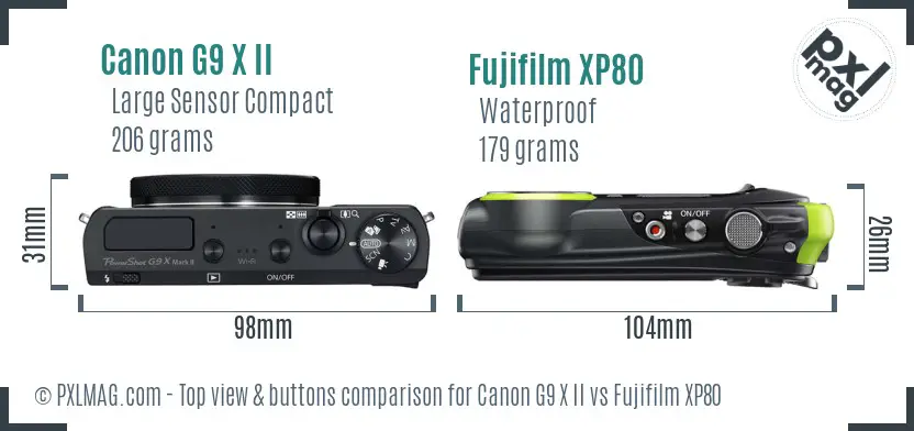 Canon G9 X II vs Fujifilm XP80 top view buttons comparison