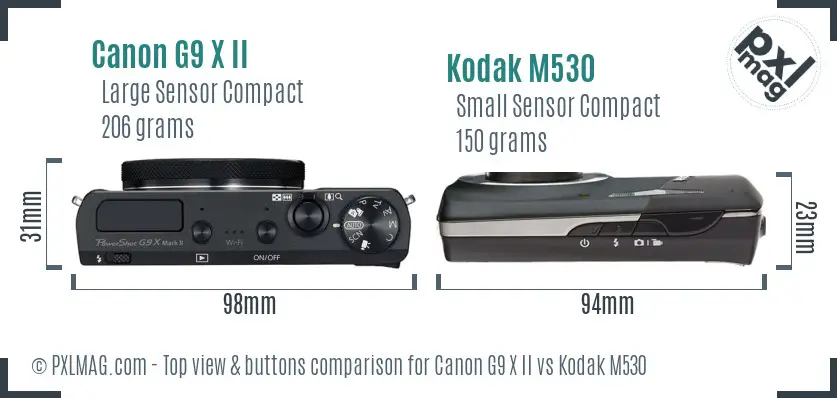 Canon G9 X II vs Kodak M530 top view buttons comparison