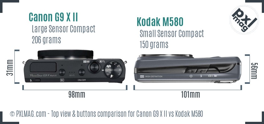 Canon G9 X II vs Kodak M580 top view buttons comparison