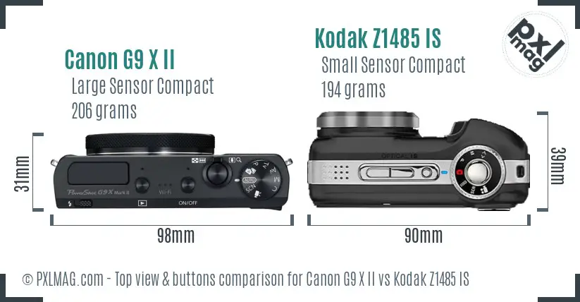 Canon G9 X II vs Kodak Z1485 IS top view buttons comparison