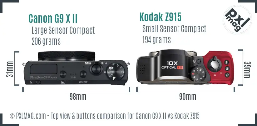 Canon G9 X II vs Kodak Z915 top view buttons comparison