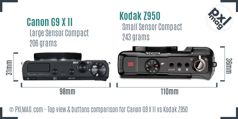 Canon G9 X II vs Kodak Z950 top view buttons comparison