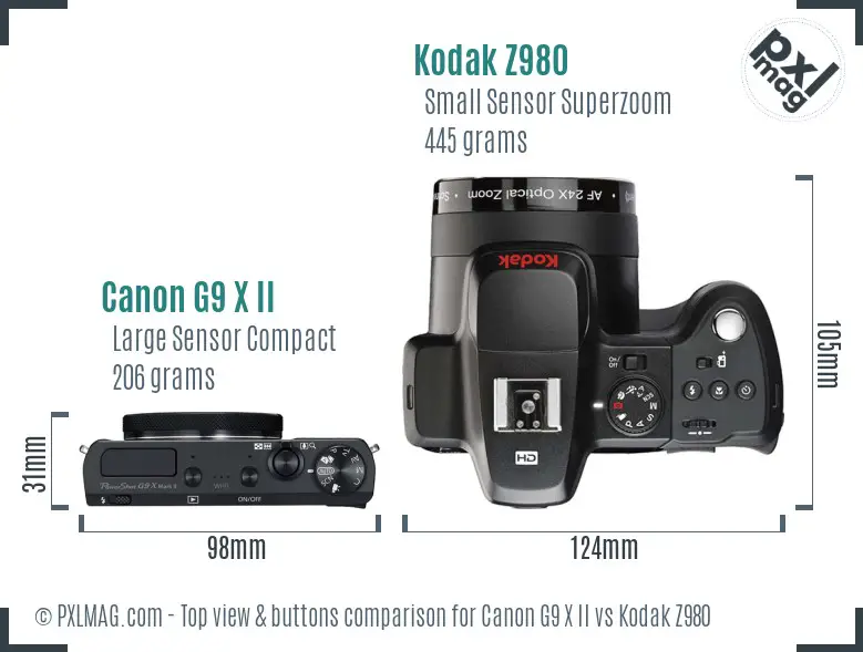 Canon G9 X II vs Kodak Z980 top view buttons comparison Canon G9 X II vs Kodak Z980 top view buttons comparison