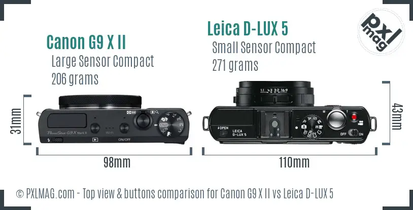 Canon G9 X II vs Leica D-LUX 5 top view buttons comparison