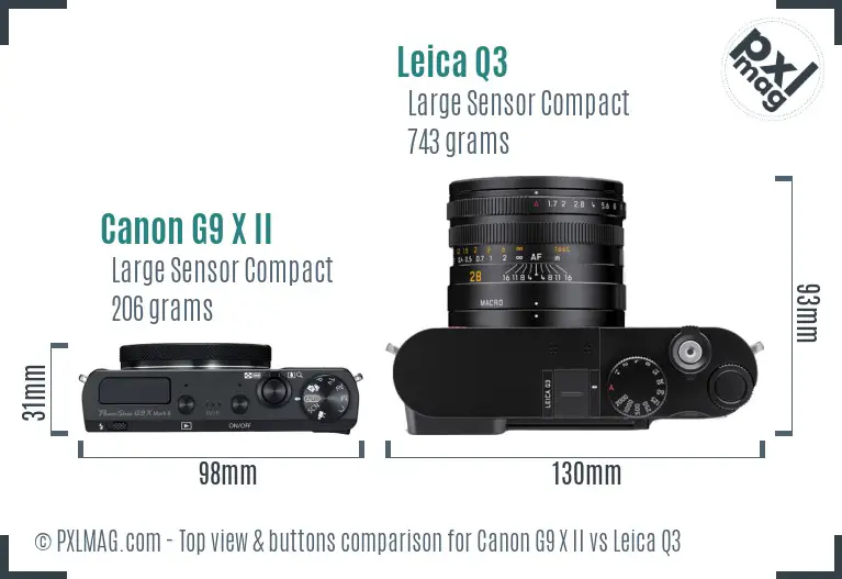 Canon G9 X II vs Leica Q3 top view buttons comparison