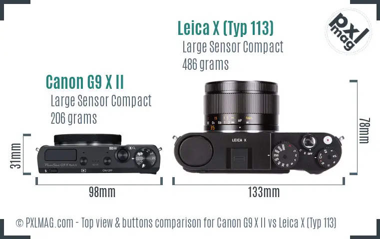 Canon G9 X II vs Leica X (Typ 113) top view buttons comparison Canon G9 X II vs Leica X (Typ 113) top view buttons comparison