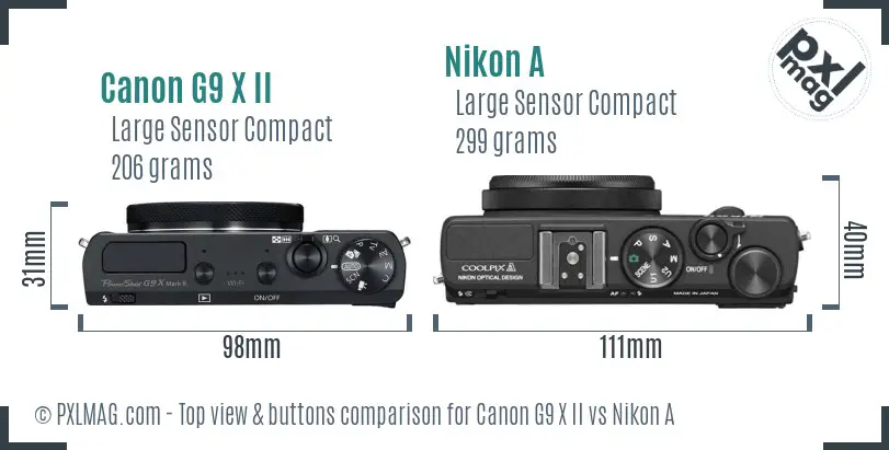Canon G9 X II vs Nikon A top view buttons comparison