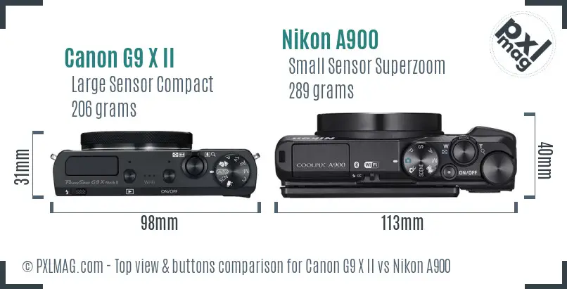 Canon G9 X II vs Nikon A900 top view buttons comparison Canon G9 X II vs Nikon A900 top view buttons comparison