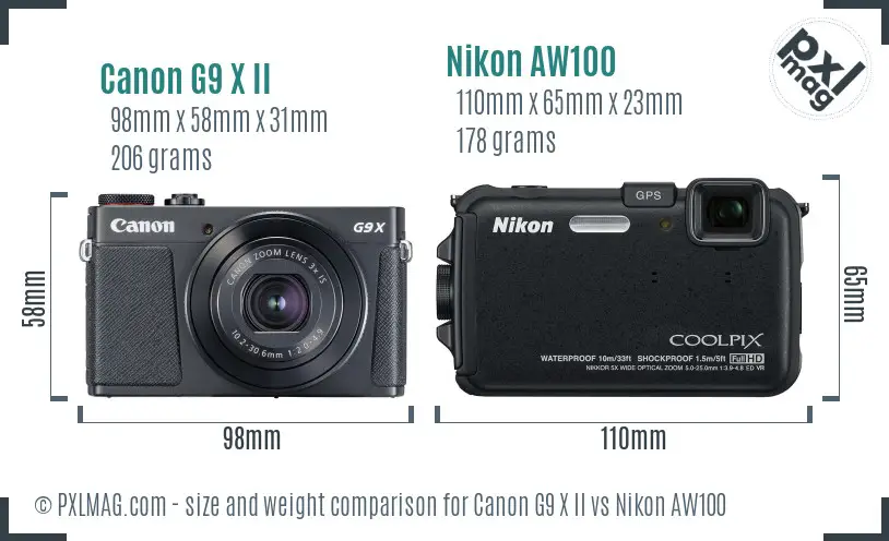 Canon G9 X II vs Nikon AW100 size comparison