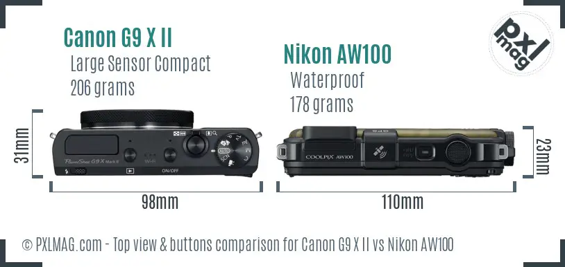 Canon G9 X II vs Nikon AW100 top view buttons comparison