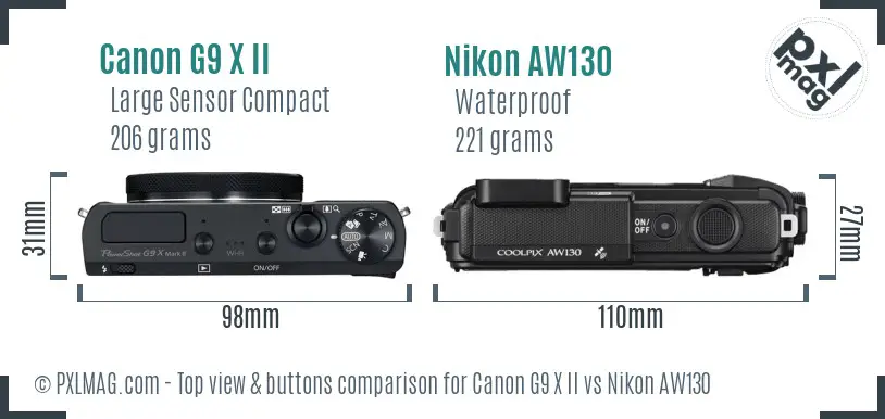 Canon G9 X II vs Nikon AW130 top view buttons comparison