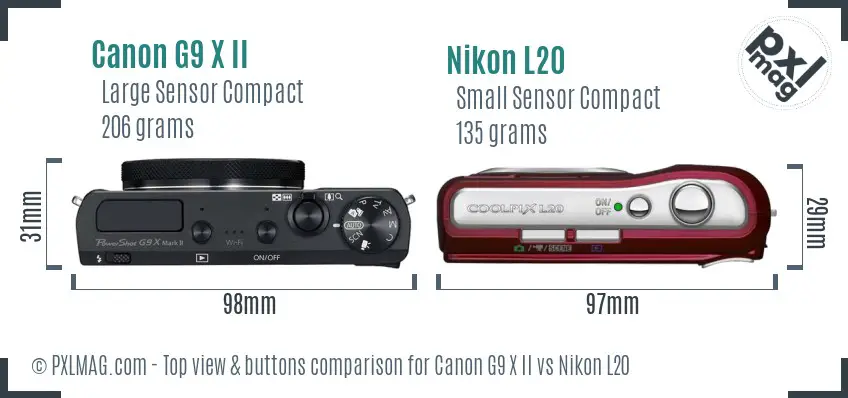 Canon G9 X II vs Nikon L20 top view buttons comparison