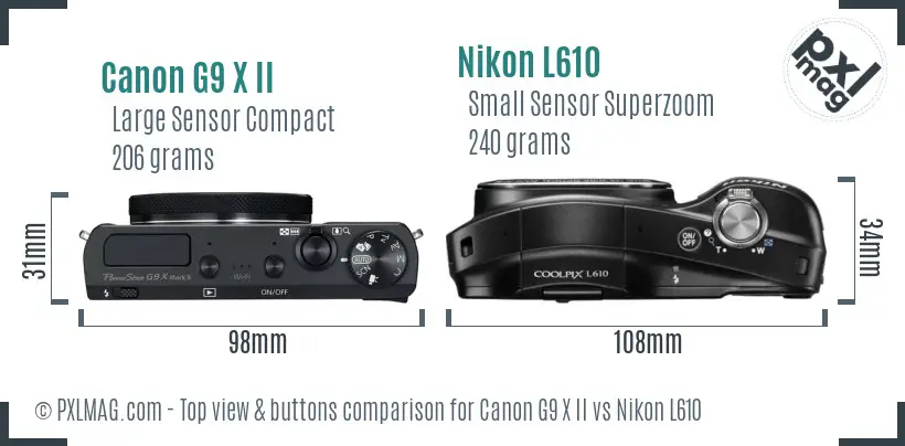 Canon G9 X II vs Nikon L610 top view buttons comparison