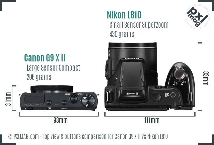 Canon G9 X II vs Nikon L810 top view buttons comparison