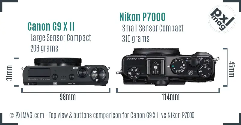 Canon G9 X II vs Nikon P7000 top view buttons comparison