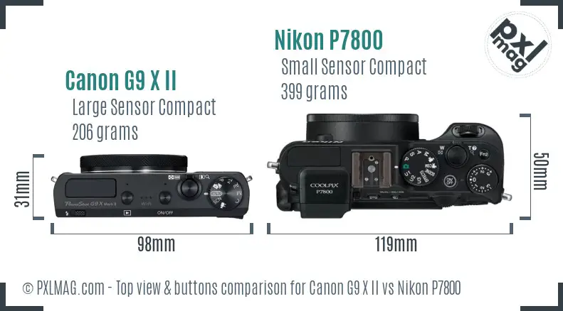 Canon G9 X II vs Nikon P7800 top view buttons comparison