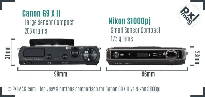 Canon G9 X II vs Nikon S1000pj top view buttons comparison Canon G9 X II vs Nikon S1000pj top view buttons comparison