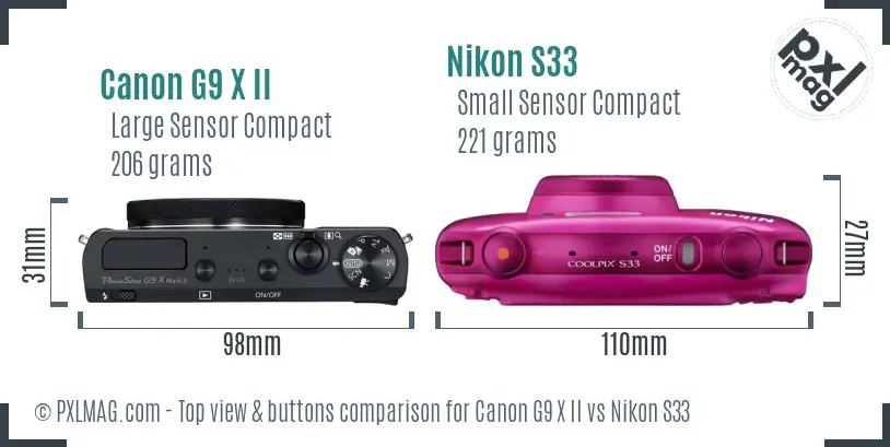 Canon G9 X II vs Nikon S33 top view buttons comparison