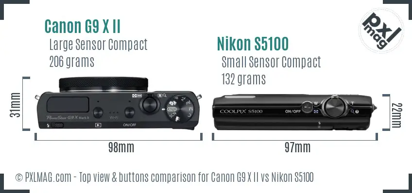 Canon G9 X II vs Nikon S5100 top view buttons comparison Canon G9 X II vs Nikon S5100 top view buttons comparison