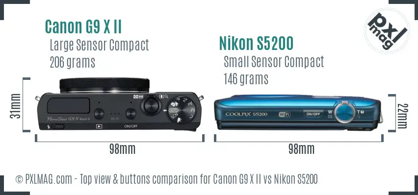 Canon G9 X II vs Nikon S5200 top view buttons comparison